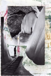 Höhlenmensch, Ansichtskarte auf bemaltem Papier (Ölpastell, Acryl), 2010, 15 x 25 cm